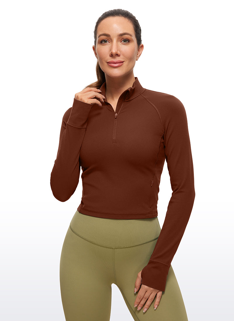 Atasan Yoga Potongan Langsing Wanita CRZ YOGA Lengan Panjang Berzip Separuh Butterluxe Jujube Brown
