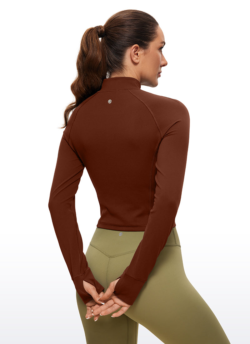 Atasan Yoga Potongan Langsing Wanita CRZ YOGA Lengan Panjang Berzip Separuh Butterluxe Jujube Brown