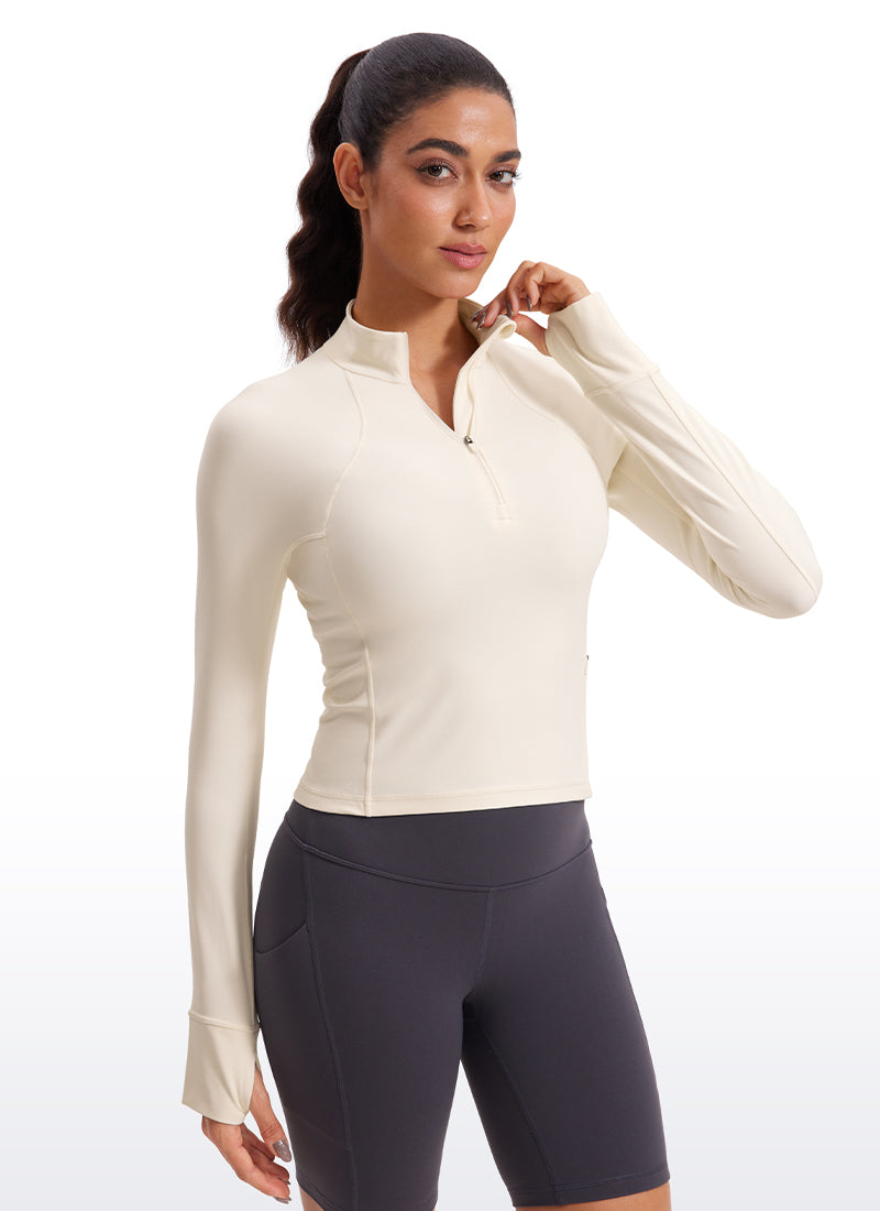 Atasan Yoga Potongan Langsing Wanita CRZ YOGA Lengan Panjang Berzip Separuh Butterluxe White Apricot