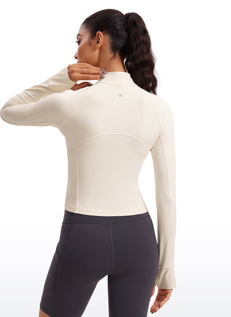 Atasan Yoga Potongan Langsing Wanita CRZ YOGA Lengan Panjang Berzip Separuh Butterluxe White Apricot