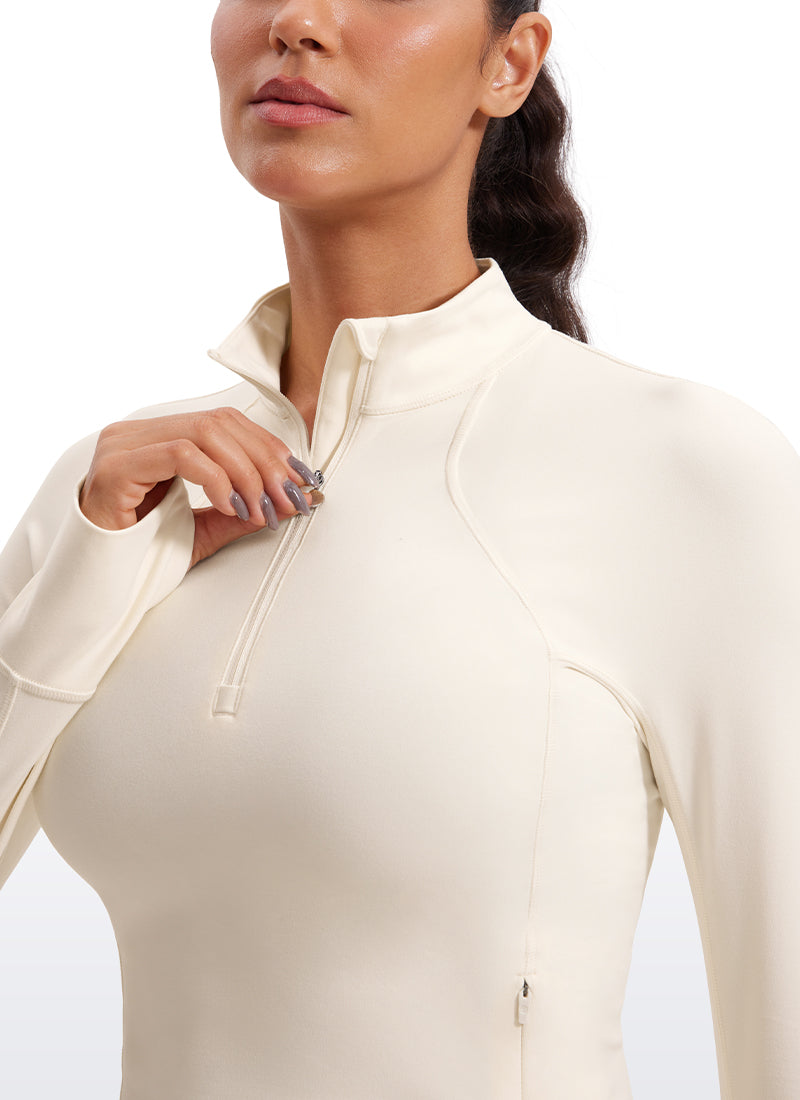 Atasan Yoga Potongan Langsing Wanita CRZ YOGA Lengan Panjang Berzip Separuh Butterluxe White Apricot