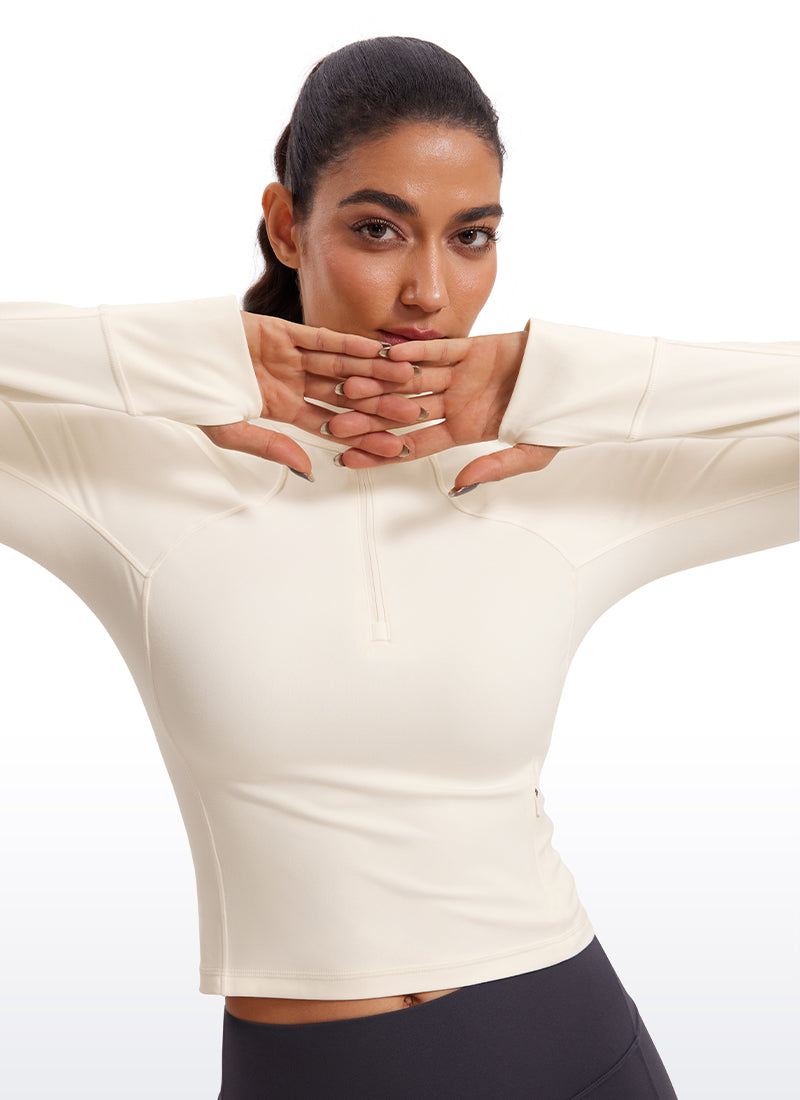 Atasan Yoga Potongan Langsing Wanita CRZ YOGA Lengan Panjang Berzip Separuh Butterluxe White Apricot