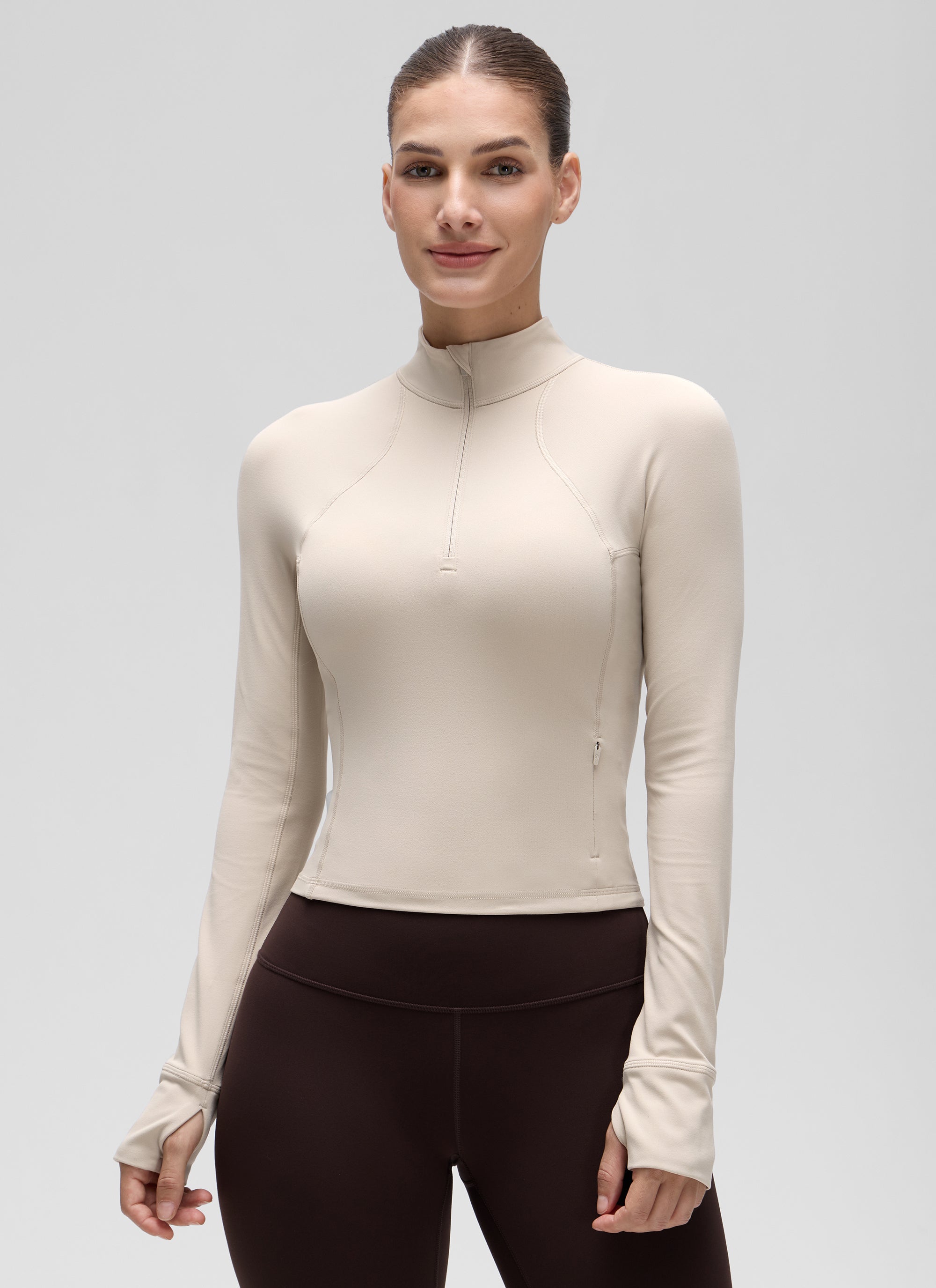 Atasan Yoga Potongan Langsing Wanita CRZ YOGA Lengan Panjang Berzip Separuh Butterluxe Mojave Tan