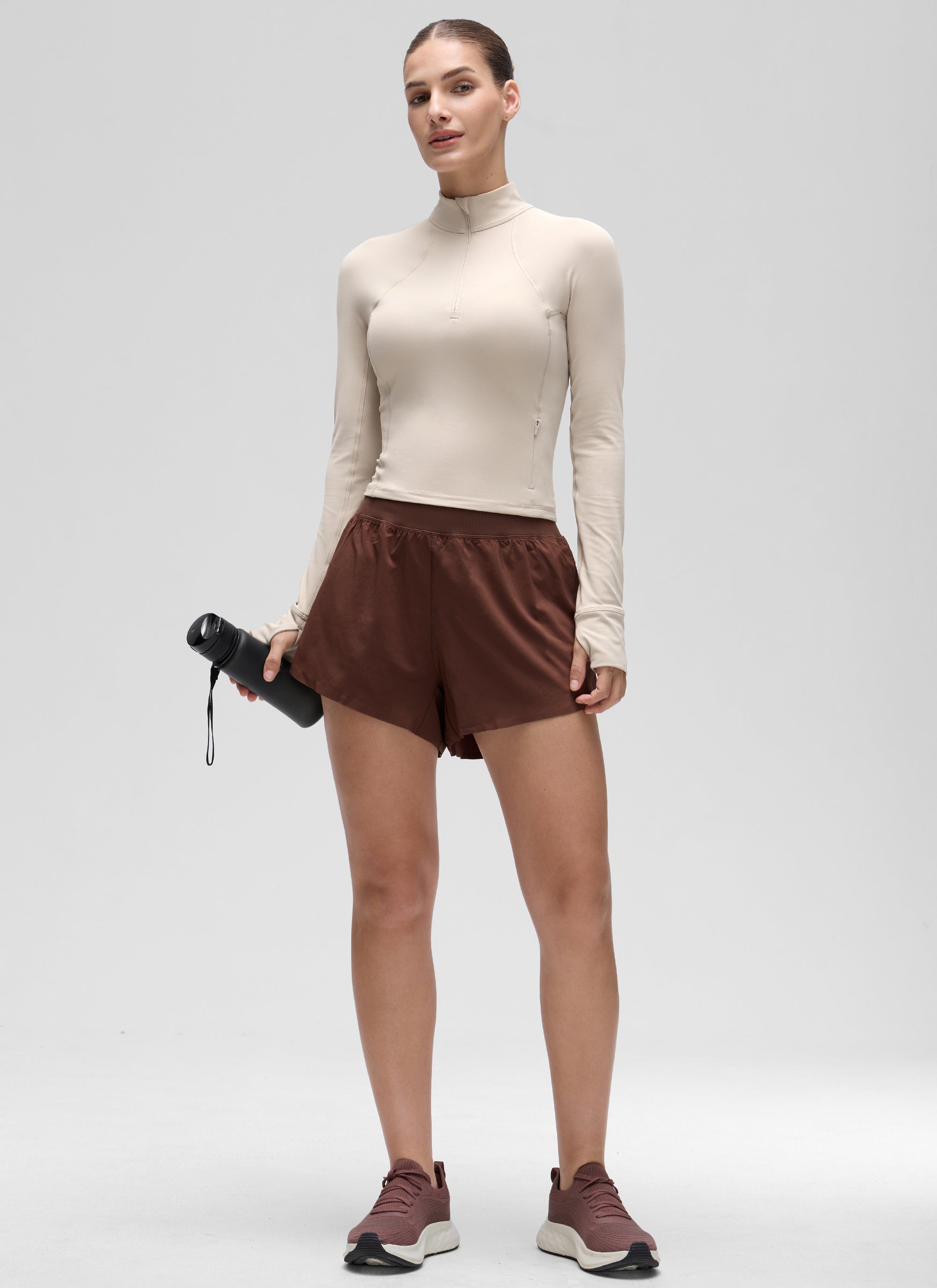Atasan Yoga Potongan Langsing Wanita CRZ YOGA Lengan Panjang Berzip Separuh Butterluxe Mojave Tan