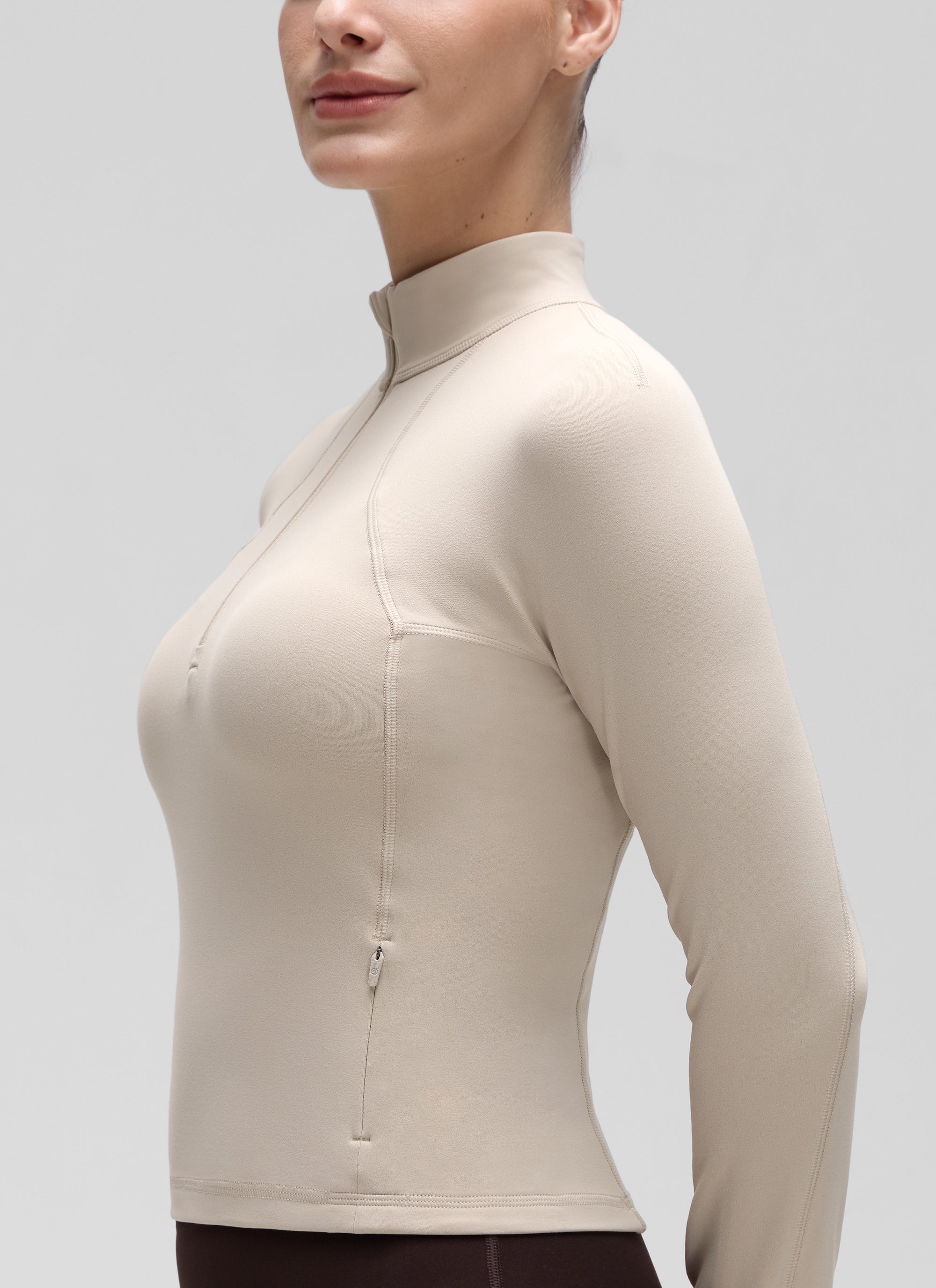 Atasan Yoga Potongan Langsing Wanita CRZ YOGA Lengan Panjang Berzip Separuh Butterluxe Mojave Tan