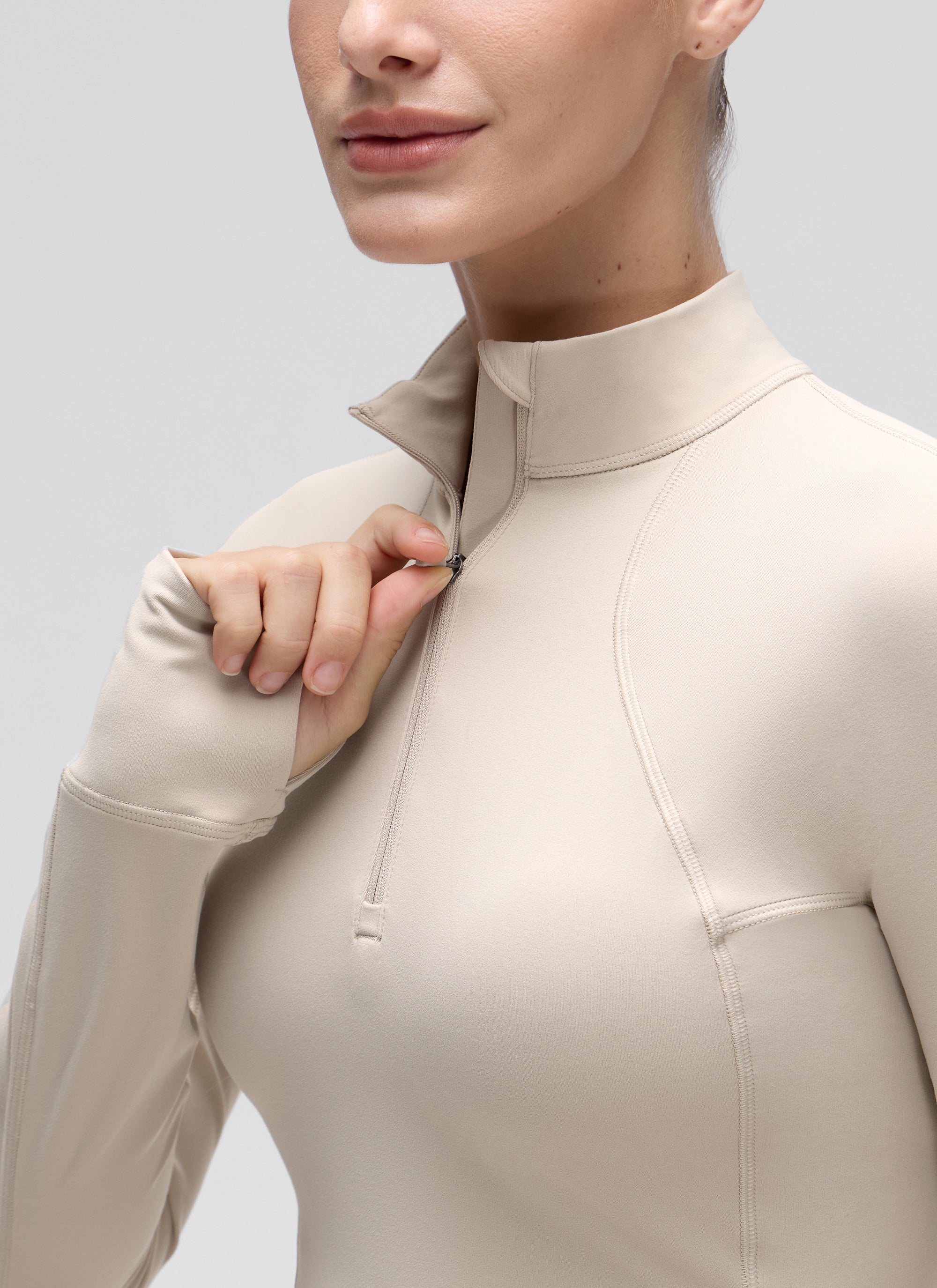 Atasan Yoga Potongan Langsing Wanita CRZ YOGA Lengan Panjang Berzip Separuh Butterluxe Mojave Tan