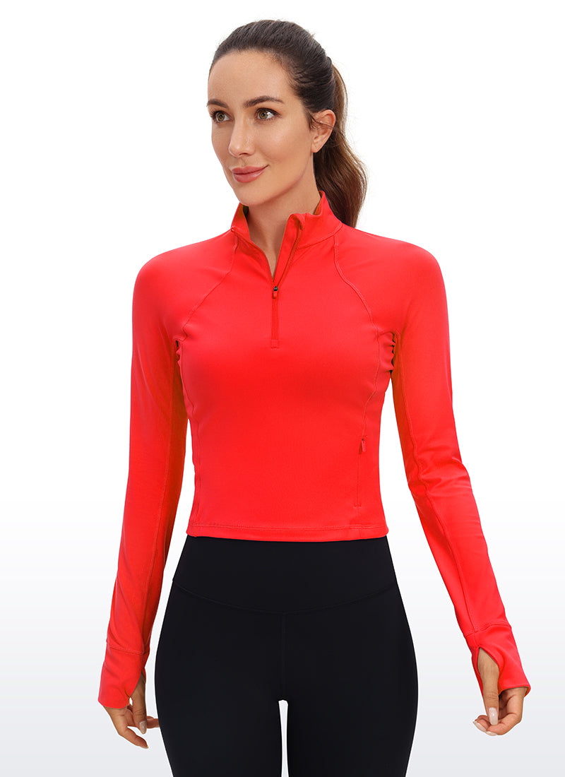 Atasan Fit Slim Yoga Wanita CRZ YOGA Butterluxe Separuh Berzip Lengan Panjang Merah Gelap