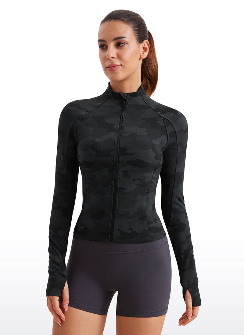 CRZ YOGA Wanita Butterluxe Jaket Pakaian Luar Berzip Penuh Berpoket Potongan Bersaiz Penuh Penyamaran Kelabu Gelap 2
