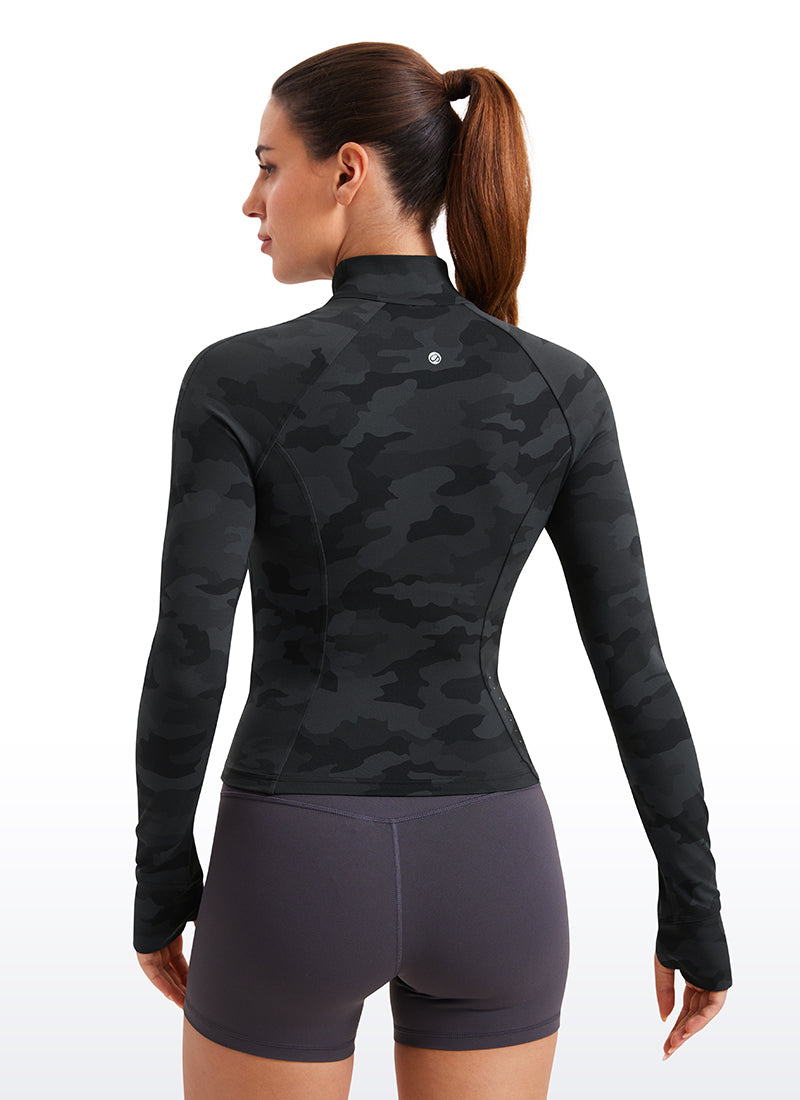 CRZ YOGA Wanita Butterluxe Jaket Pakaian Luar Berzip Penuh Berpoket Potongan Bersaiz Penuh Penyamaran Kelabu Gelap 2