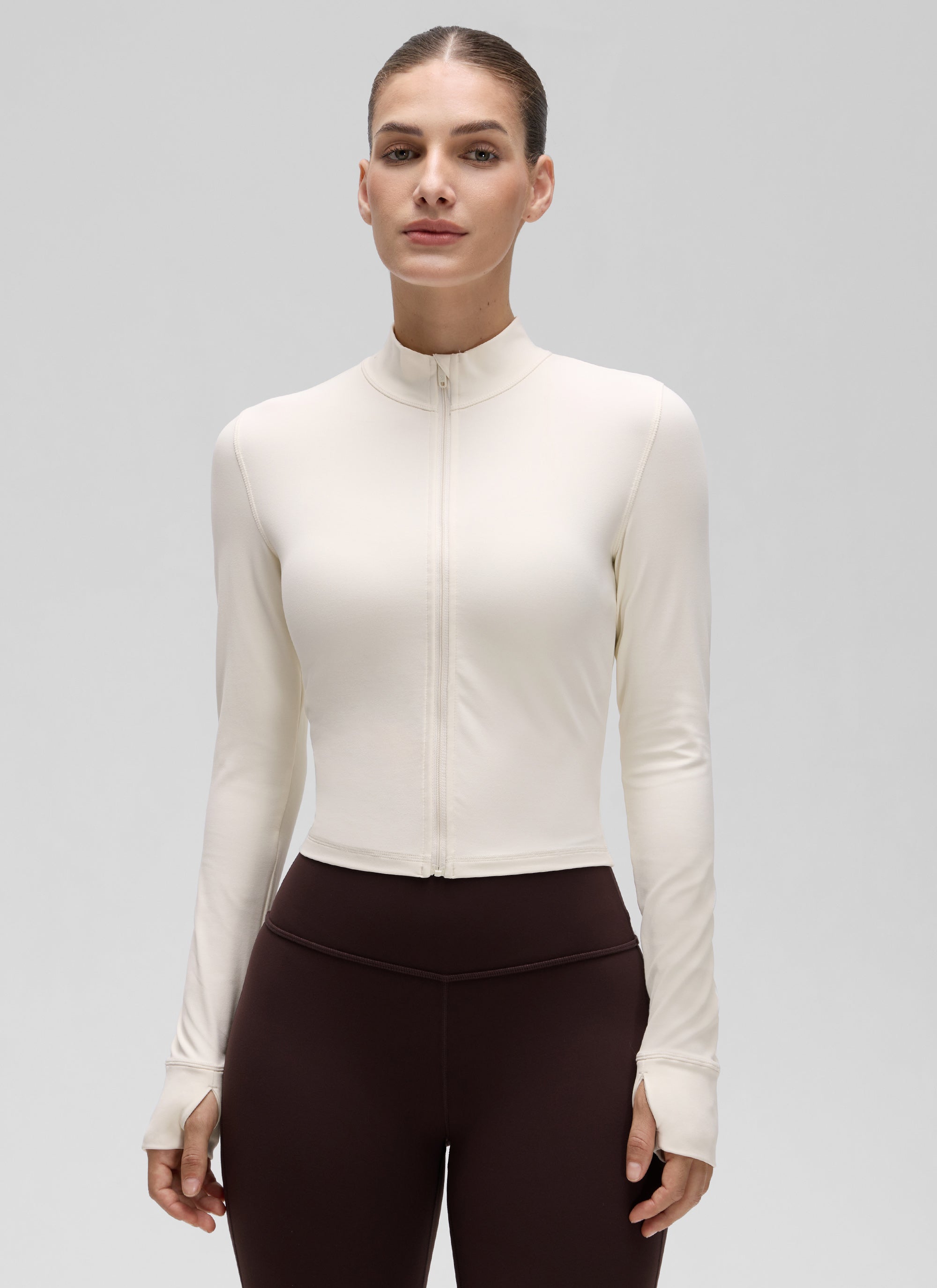 CRZ YOGA Wanita Butterluxe Jaket Pakaian Luar Berzip Penuh Aprikot Putih