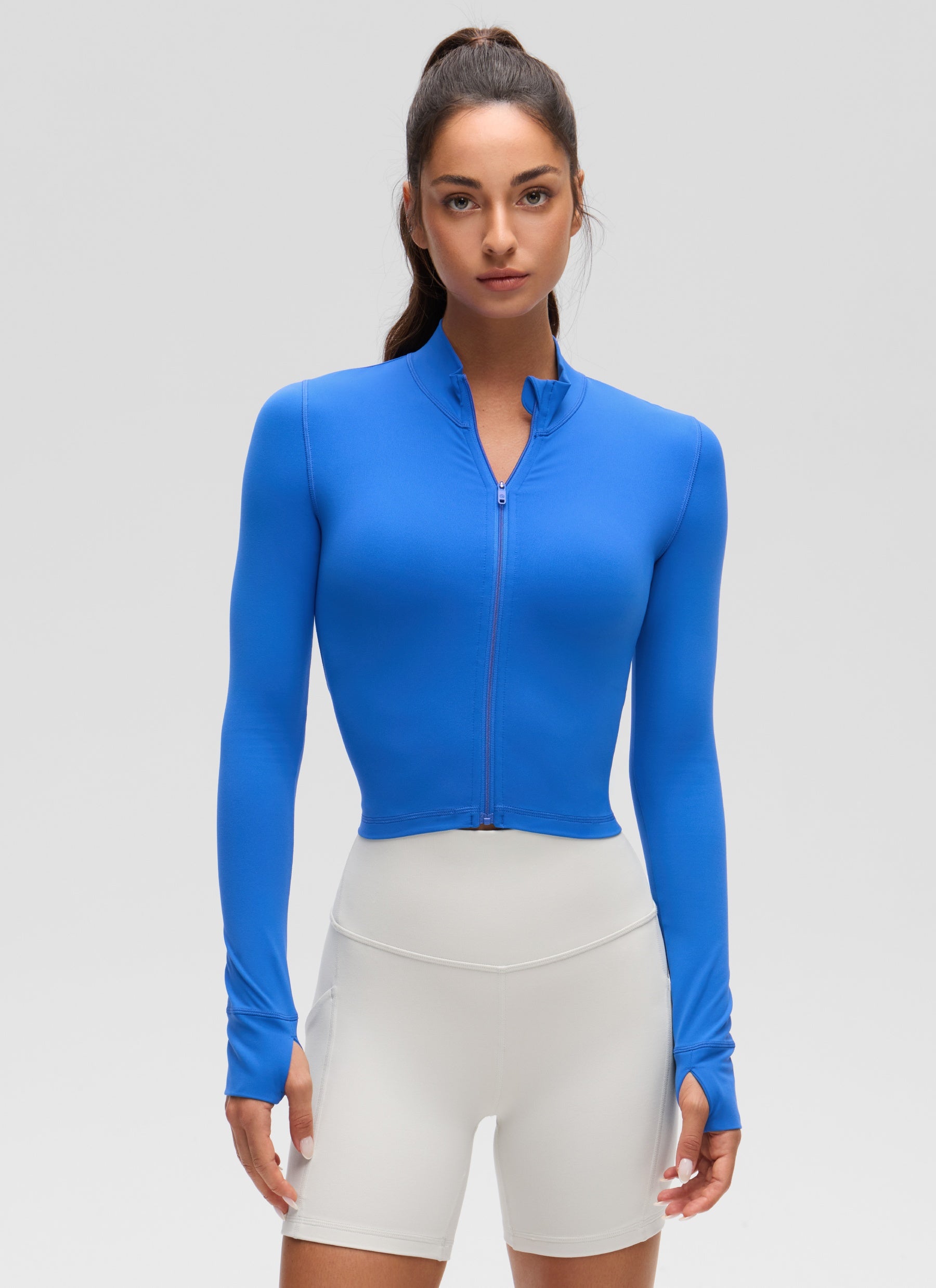CRZ YOGA Wanita Butterluxe Jaket Pakaian Luar Berzip Penuh Biru Berkilau