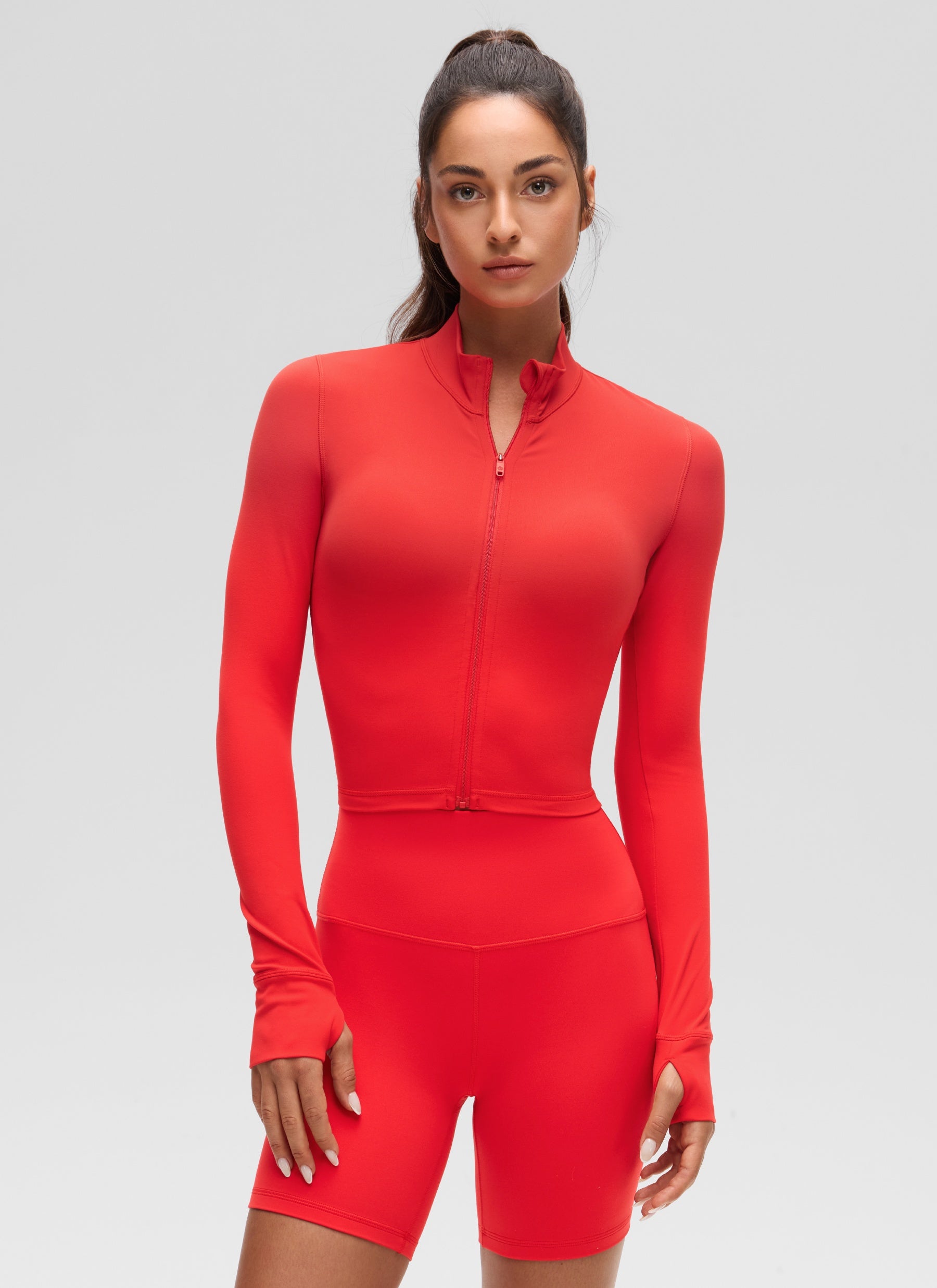CRZ YOGA Wanita Butterluxe Jaket Pakaian Luar Berzip Penuh Merah Tua