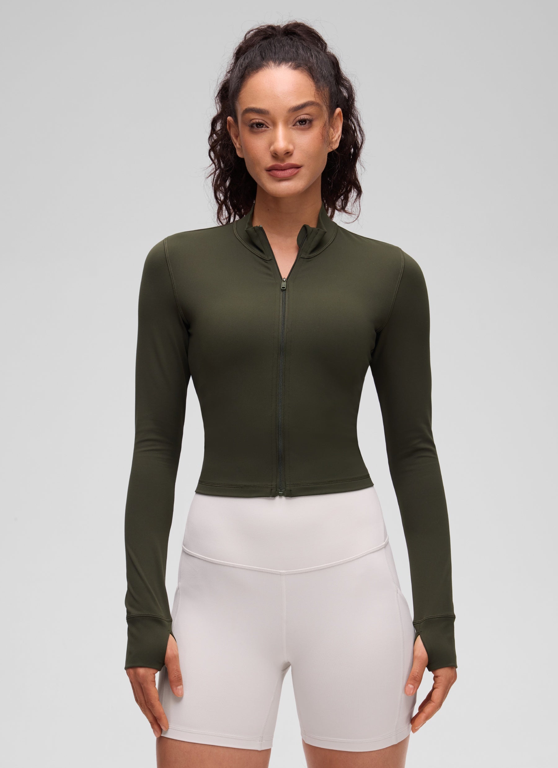 CRZ YOGA Wanita Butterluxe Jaket Pakaian Luar Berzip Penuh Hijau Zaitun