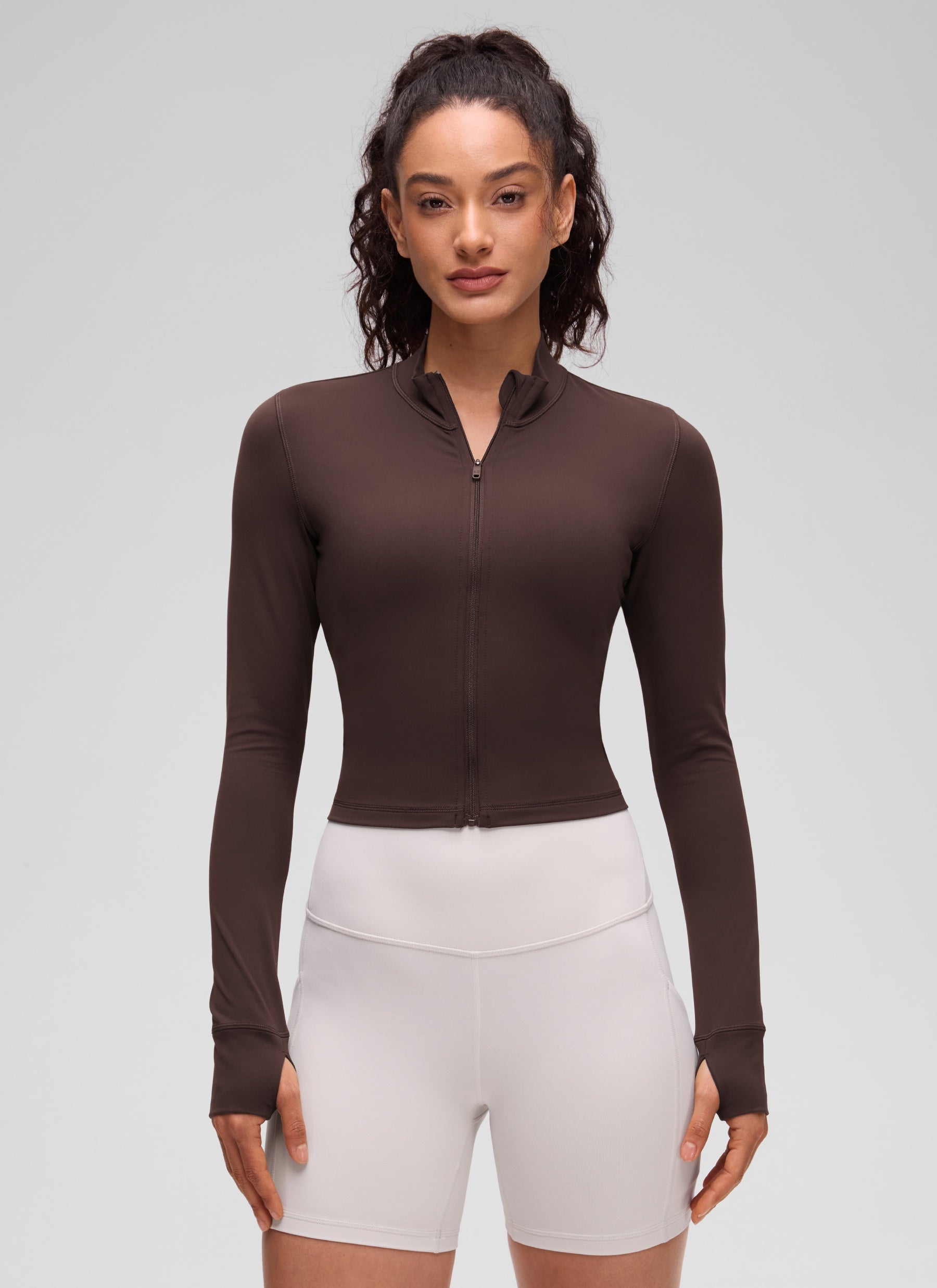 CRZ YOGA Wanita Butterluxe Jaket Pakaian Luar Berzip Penuh Coklat Fudge Panas