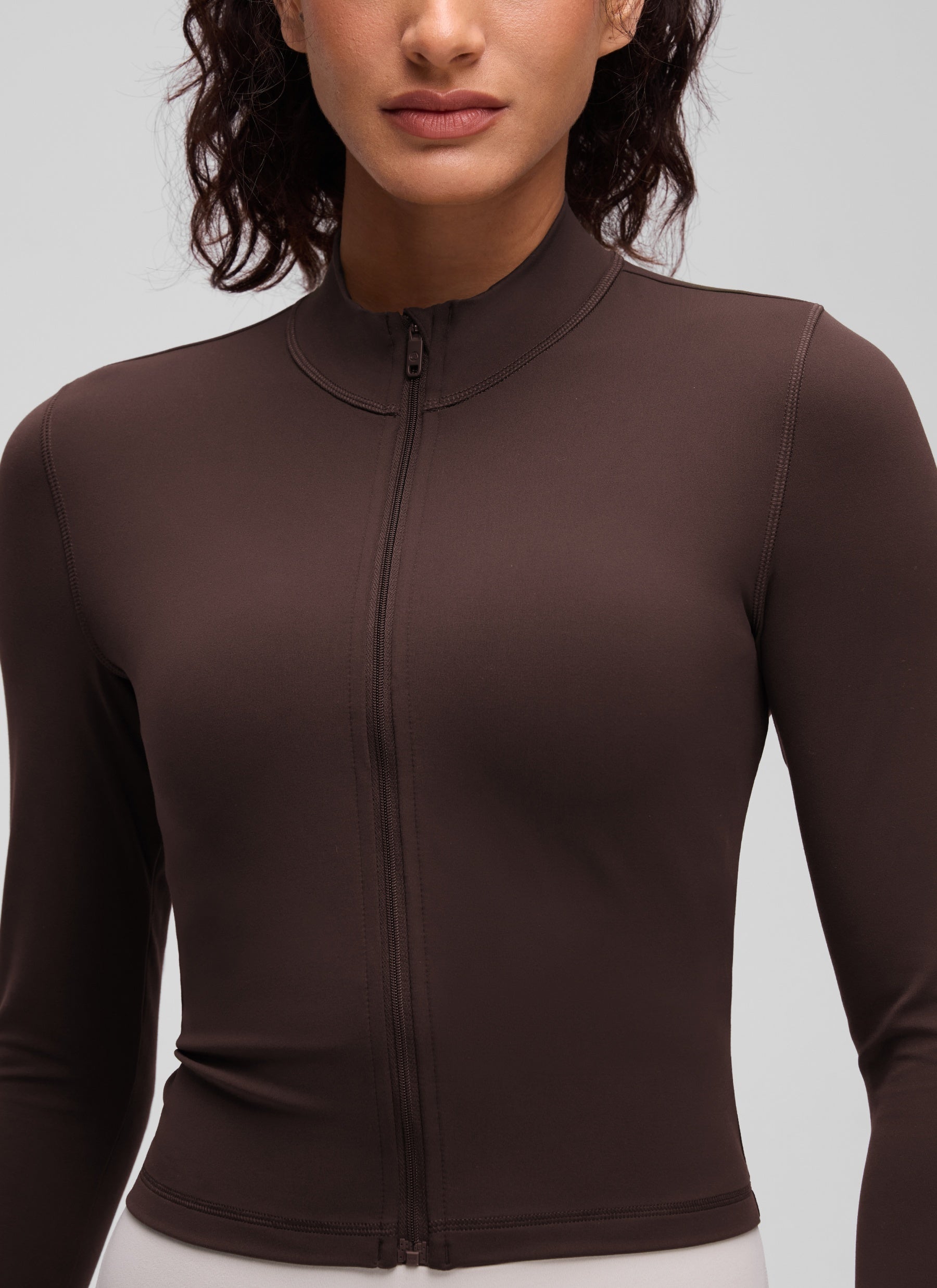 CRZ YOGA Wanita Butterluxe Jaket Pakaian Luar Berzip Penuh Coklat Fudge Panas