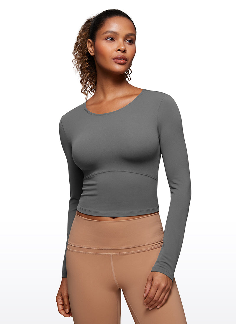 CRZ YOGA Women's Slim Fit Yoga Butterluxe Crop Long Sleeves Front Seam Lava Smoke Grey